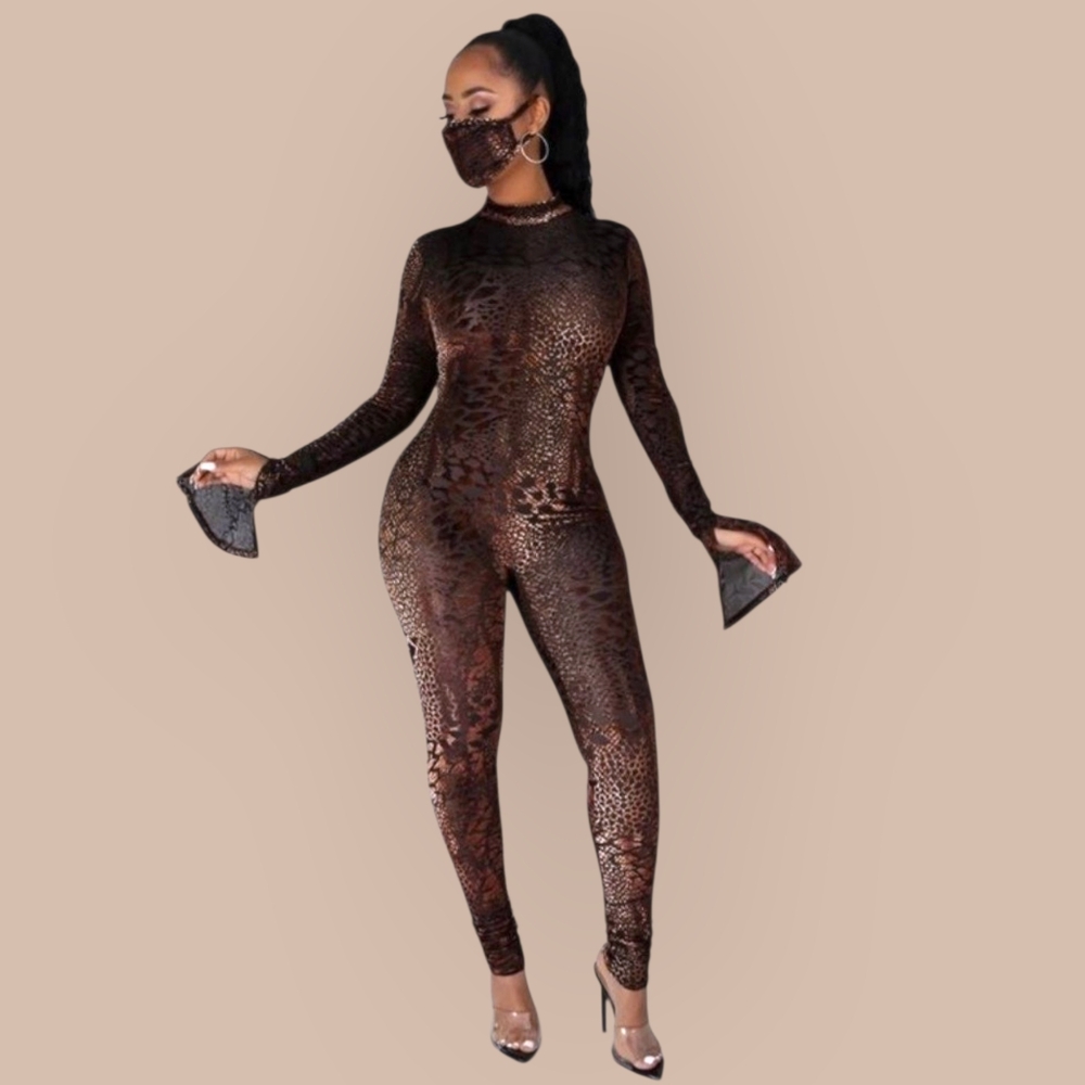 Brown Snake Print Bodycon Jumpsuit